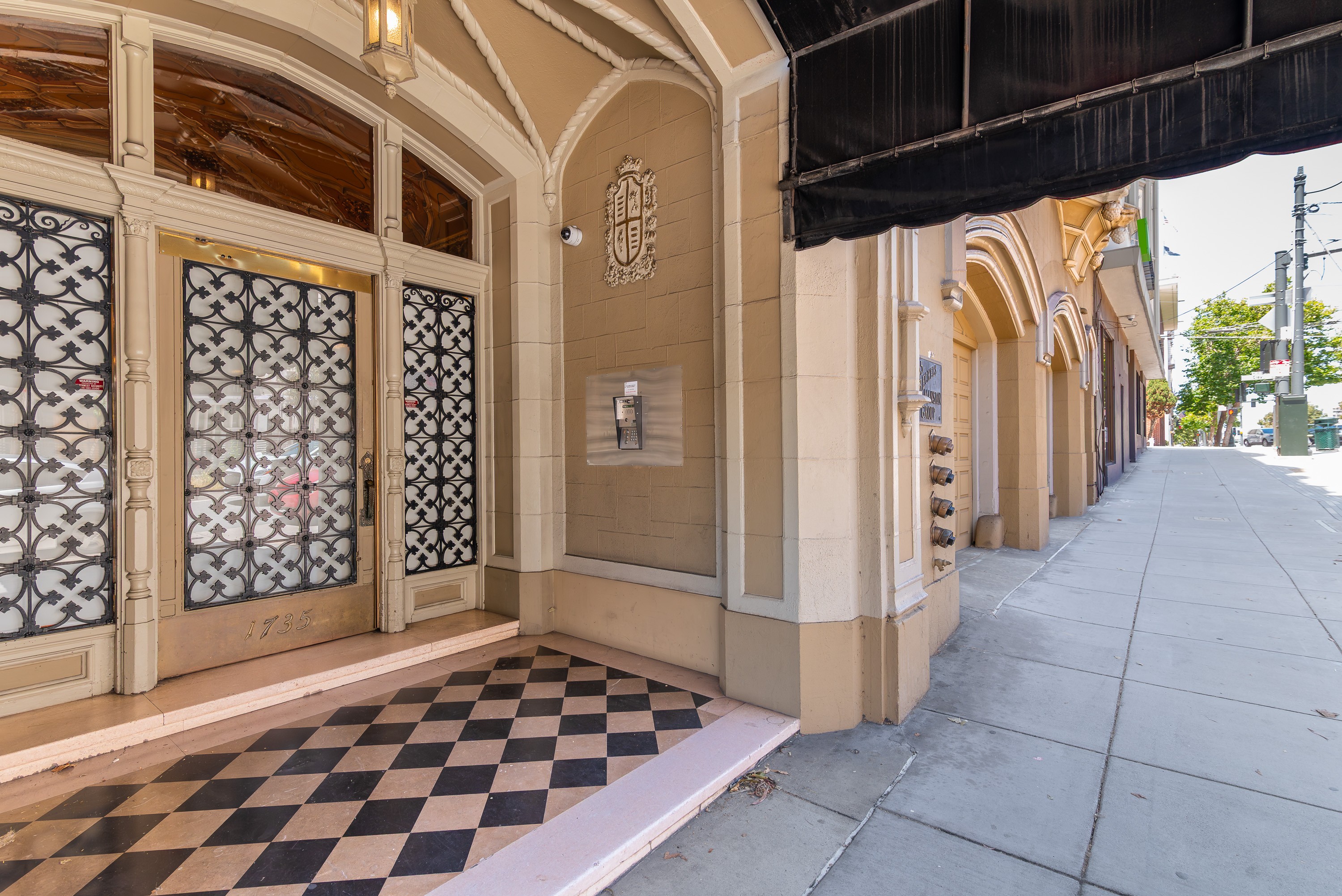 A building with a black and white checkered floor.
